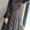 Women's French Ruffled Floral Midi Dress for Spring/Autumn with Cinched Waist and Bow Tie Details