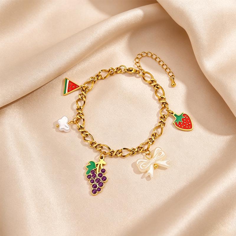 Stainless Steel Bracelet with 18K Gold-Plated Fruit Pendants and European Pastoral Charm