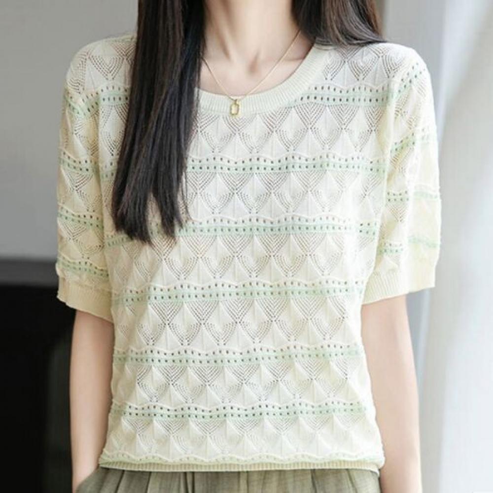 Navava Women Summer Stripe Punching Round Neck Short Sleeve Knit Tee Nk3714