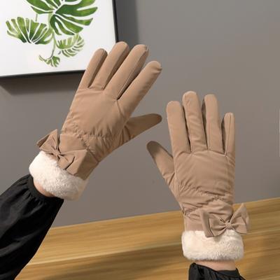 Warme Handschuhe im Herbst und Winter mit Samt gefüttert, mit niedlicher Schleife, Mao-Mund, Outdoor-Radfahren, Damen, Autofahren, Touchscreen-Handschuhe.