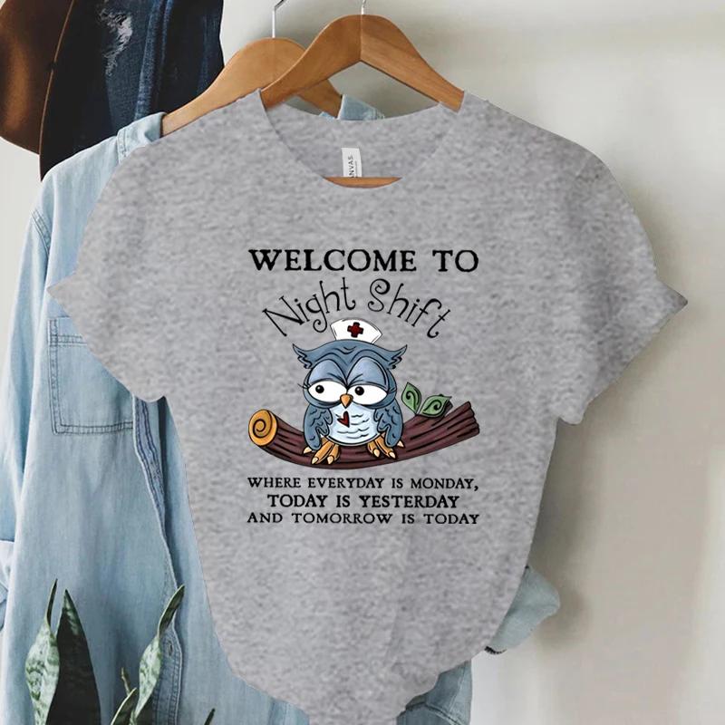 Tshirt Welcome To Night Shift Letter Cute Cartoon Nurse Owl Aesthetic Women Blouses Short Sleeve Summer Oversized Trend Tshirt S