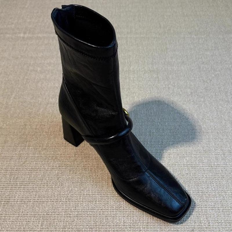 Streetstyle Dicke Ferse Damen Stiefelette Mode Eckige Zehenpartie Damen Elastische Schlanke Kurze Stiefeletten Herbst Winterschuhe