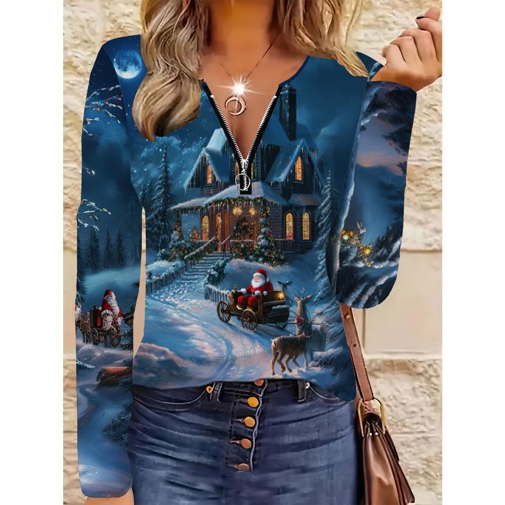 Large size casual Santa pattern women's zip-up long-sleeved top, suitable for daily, home and office wear