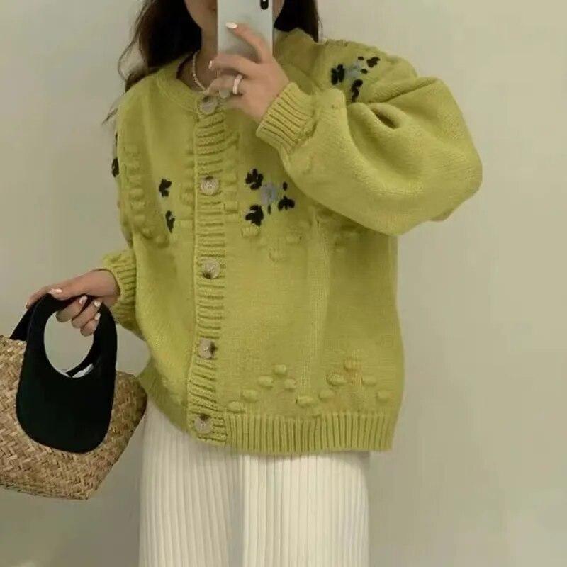 Autumn Sweet Cardigan Fashion Casual Long Sleeve O-neck Jacket Embroidery Striped Sweater Coat Winter Knitted Loose Tops 29492