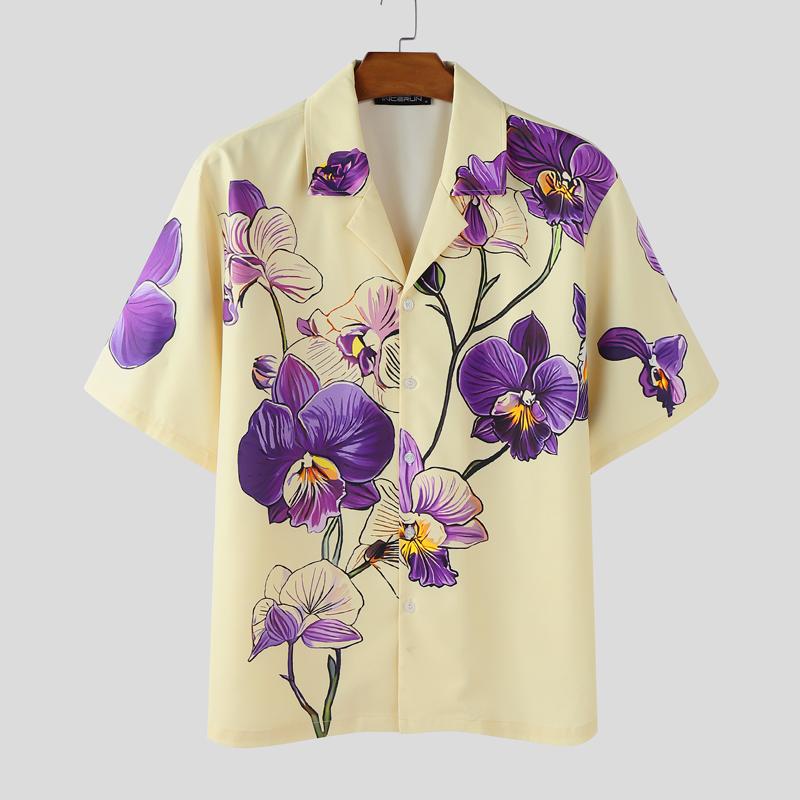 

INCERUN Oversized Men Lapel Neck Short Sleeve Floral Print Casual Shirts 4XL хаки