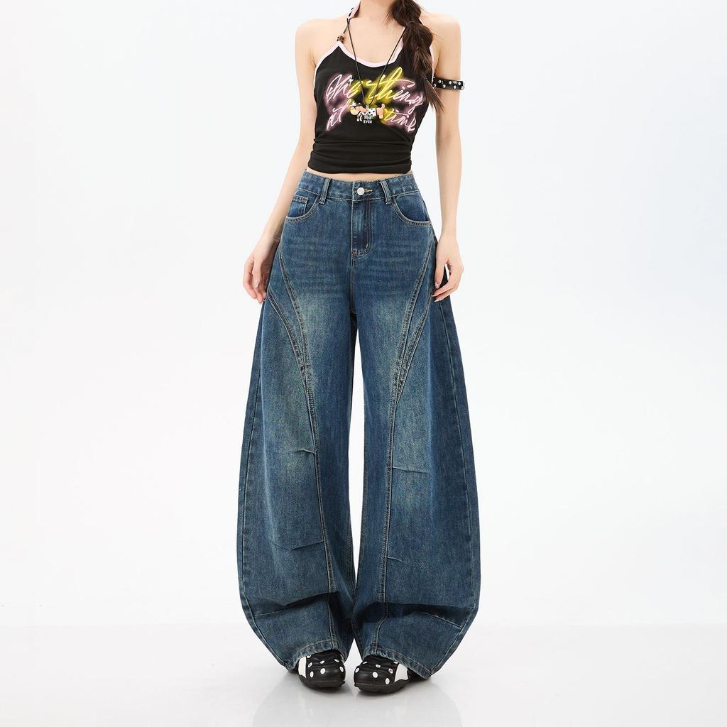 Spring Summer Vintage Blue Heavy Patchwork Tencel Lyocell Casual Silhouette Saber Cut Denim Pants For Ladies Casual Pants Oversize Denim Trousers