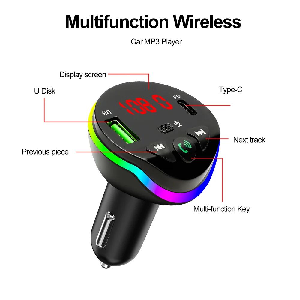 Bluetooth 5.0 Car FM Transmitter PD USB Car Charger Phone Fast Charger With Ambient Light Wireless Handsfree MP3 Plyer Car Kit