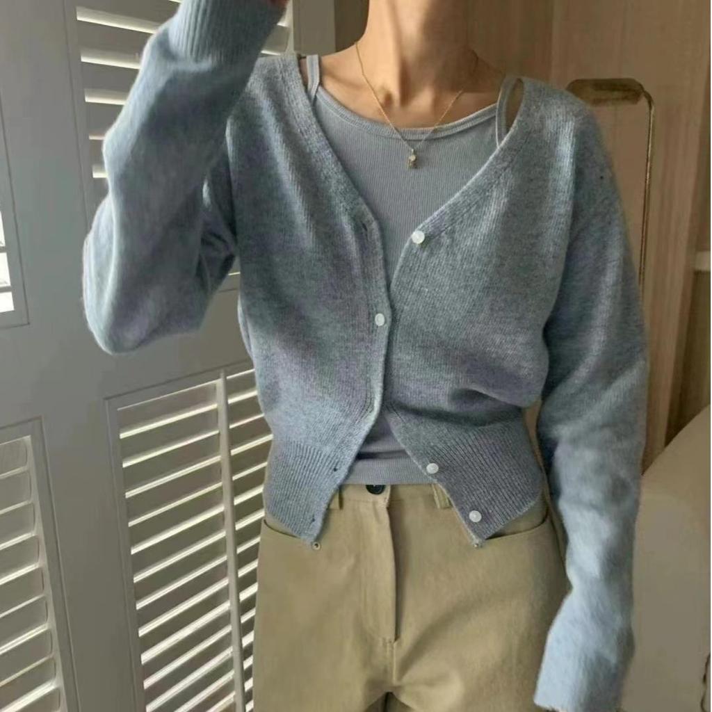Koreanischer schicker gestrickter Unterziehshirt Damen Elegant Neu Kurzer Cardigan Pullover Oberbekleidung Süß V-Ausschnitt Langarm Tops 2026 Herbst