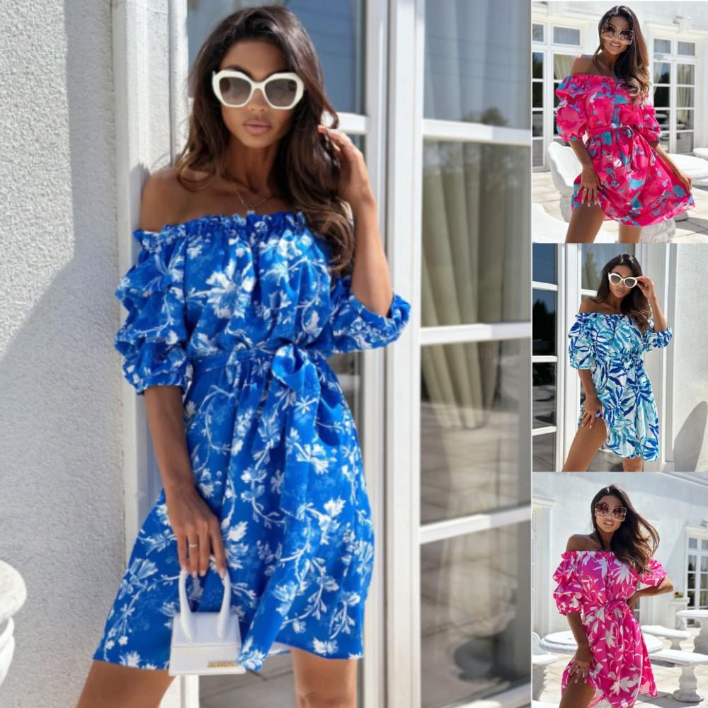 BITCED Women's Summer Simple One Shoulder Short Sleeve Printed Dresses