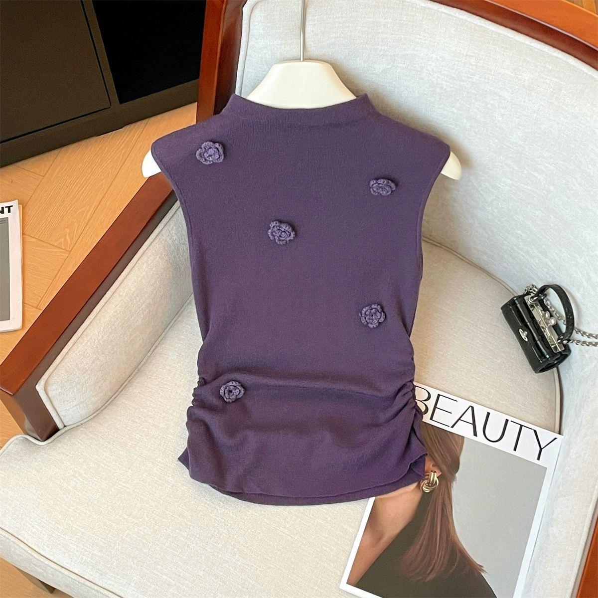 

Women s French Half High Neck 3D Floral Sleeveless Camisole Summer Ruched Waist Slim Fit Chic Short Top S фіолетовий