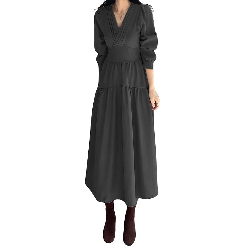 

[one Anbu] cachecoeur one piece long long sleeve ladies Relaxing spring dress waist mark waist elastic below the knee free size black black
