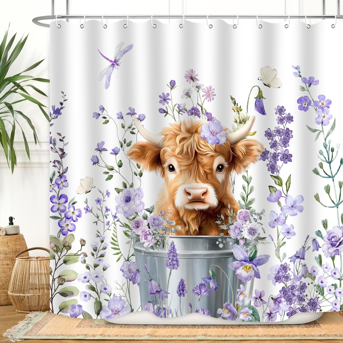 

Farmhouse Highland Cow Shower Curtain Wildlife Bull Cattle Western Farm Grassland Vintage Rustic Animal Country Home Bathroom 90x180CM