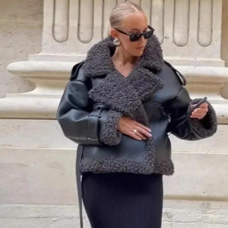 

2025 Новые Меховые Вставки Утепленные Теплые Кожаные Куртки Женская Мода Большой Лацкан Пояс Укороченные Пальто Леди Высокая Уличная Одежда Зима L чёрный