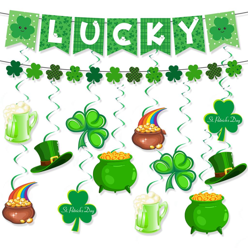 26 Irish Day Party Decoration St. Patrick'S Day Shamrock Flag Latte Spiral Set