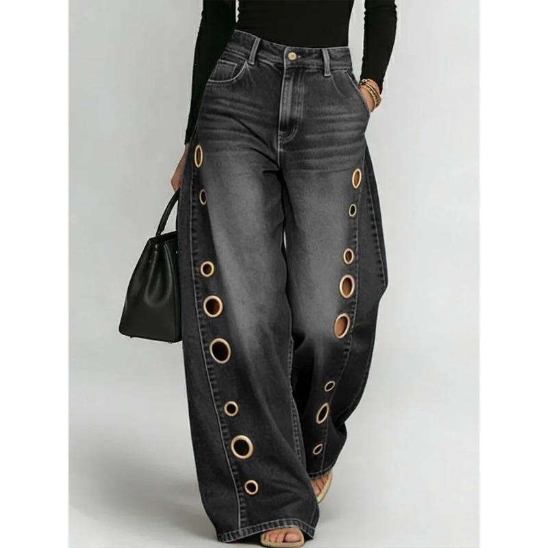 European and American Cross-border New Jeans Women's Metal Hole Design Casual Loose High Waist Wide Leg Jeans Amazon