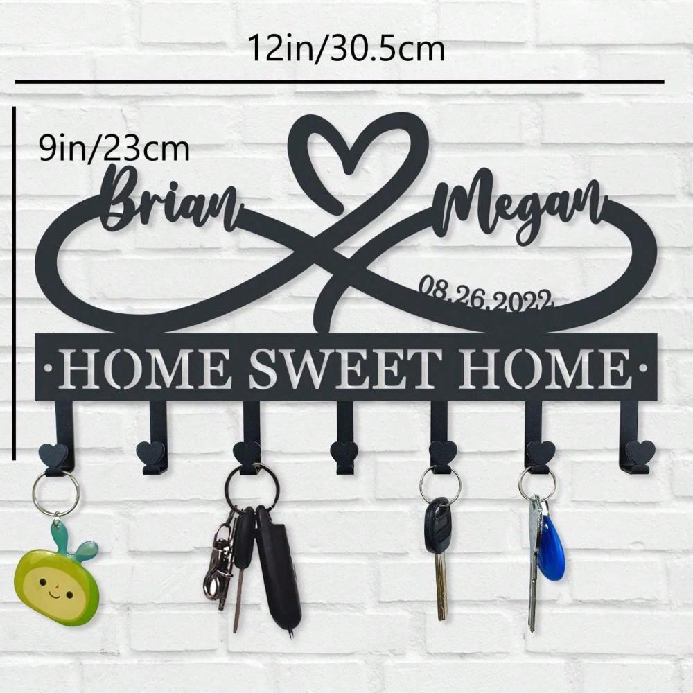 

Wrought Iron Wall Mounted Key Holder with Heart Hooks, Personalized Name Custom Key Rack for Coat and Hat, Valentine s Day Wedding Housewarming Gift TY0909