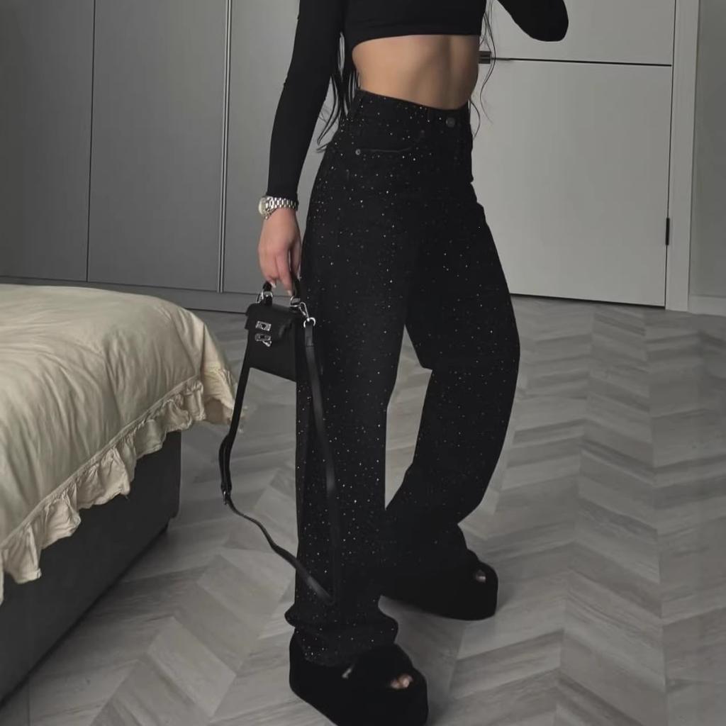 European and American cross-border American rhinestone jeans retro hot diamond personalized high street trendy brand high waist straight loose wide-le