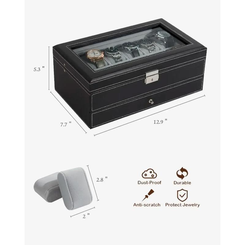 12 Slot PU Leather Lockable Watch Storage Boxes, Men & Women's Jewelry Display Drawer Case, 2-tier Organizer Watch Showcase