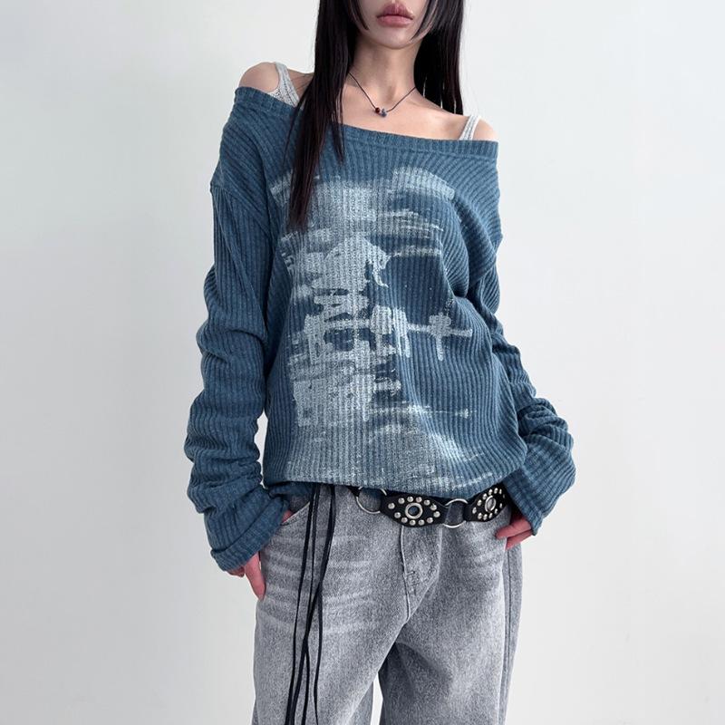 VAYLA Podzimní Harajuku Dámská Trička s Potiskem Vintage Streetwear Grunge Asymetrický Límec Topy Y2k Estetika Volné Ležérní Hiphop Vintage Topy