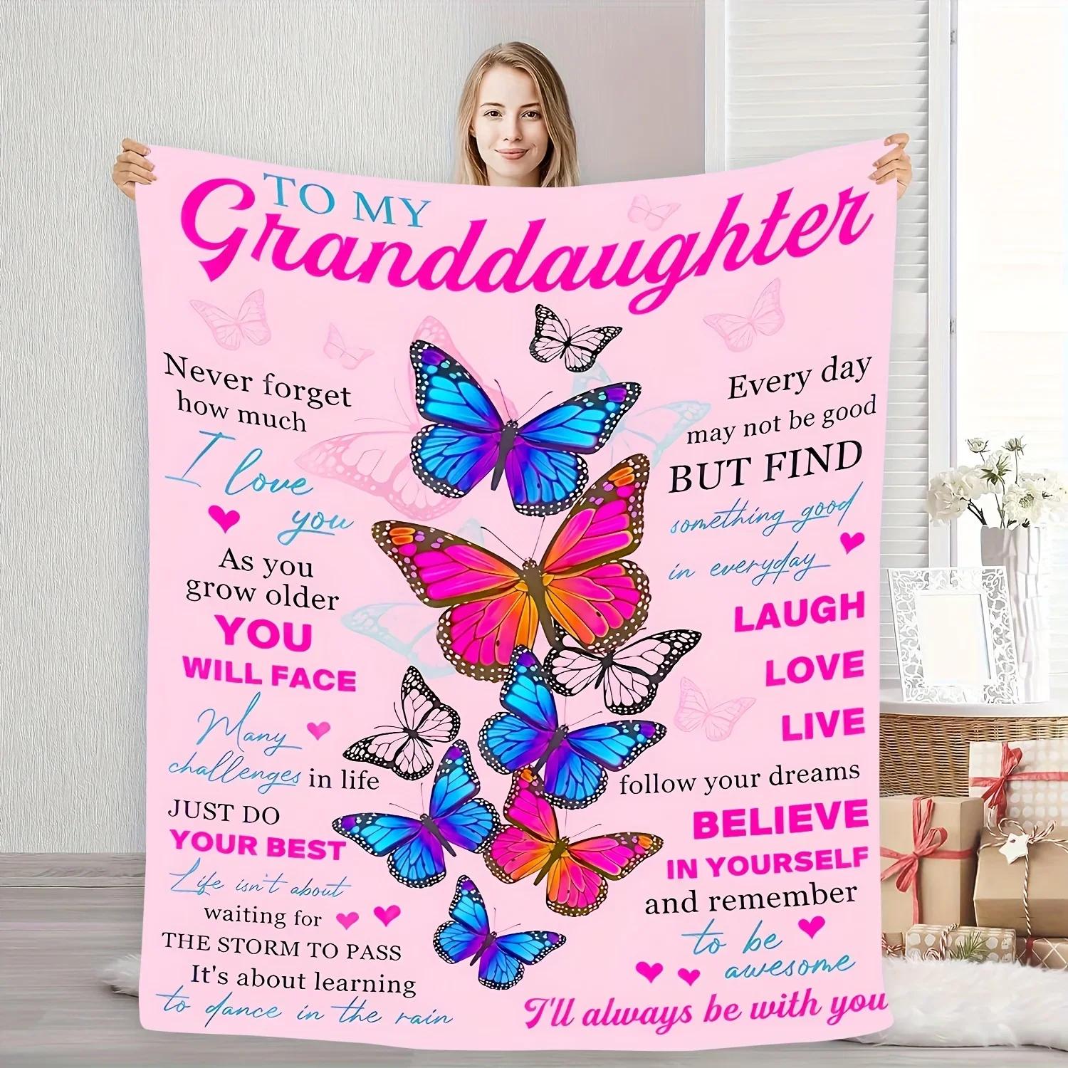 To My Granddaughter Warm Wishes Butterfly Pattern Fleece Throw Soft Cozy Blanket with Inspirational Message for Her 100cm x 150cm