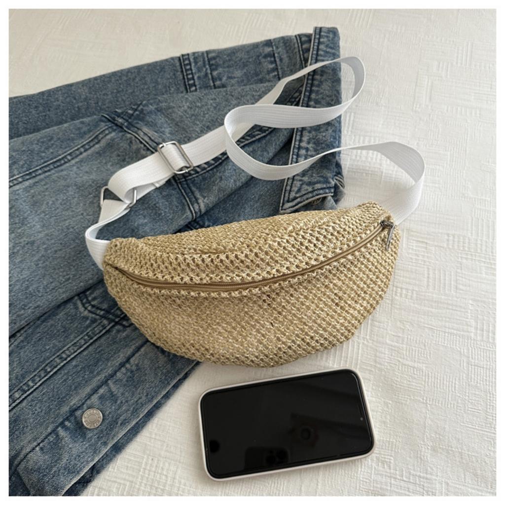 Women'S Stylish Woven Chest Bag - Light Brown, Breathable Crossbody Sling Phone Pouch with Zipper Closure, Versatile Waist Pack for Beach, Sports