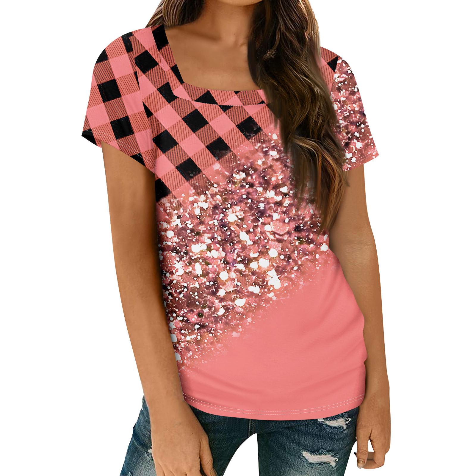 

Женские топы, весенне-летняя повседневная футболка с коротким рукавом и квадратным вырезом, базовая футболка с принтом XL