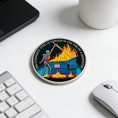 Skull Dumpster Flame Challenge Coin The Strongest Steel Is Forged Dumpster Flame Coin Funny Desk Accessories Inspirational Gifts for Men