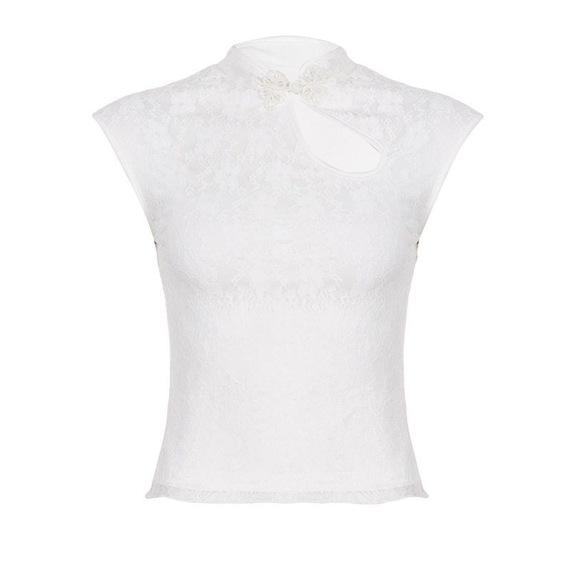 2026 Cross-Border New Chinese-Style Hollow-Out Button Design Lace Waist-Cinching Slimming Top Elegant Versatile Lace Short-Sleeve Shirt White S