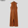 INCERUN Men Lapel Neck Sleeveless Button Up Casual Loose Long Rompers Jumpsuits