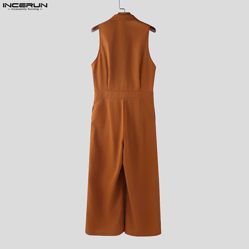 INCERUN Men Lapel Neck Sleeveless Button Up Casual Loose Long Rompers Jumpsuits