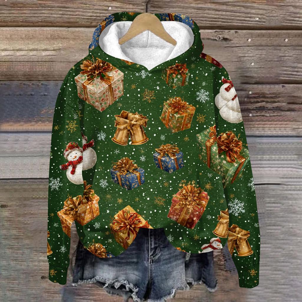 Women's Fashion Long Sleeve Christmas Print Loose Hooded Sweatshirt Top