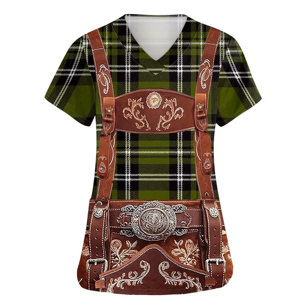 Women V Neck Short Sleeve Work Shirt with Pockets Oktoberfest Print Top Nursing Uniform Medical Scrub Tee with Front Pocket Design