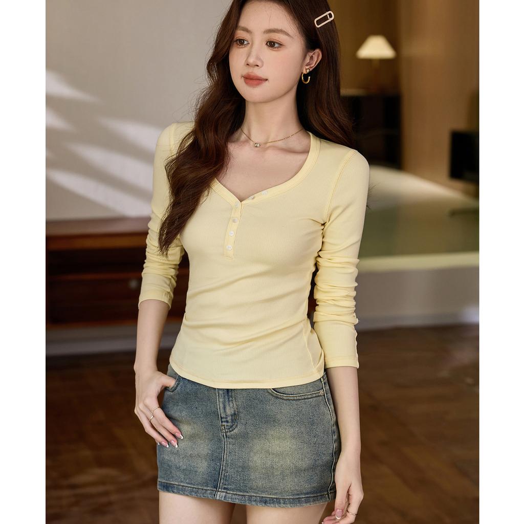 Button V-neck Long-sleeved T-shirt for Women's Pure Cotton Autumn New Style Front Shoulder Top Base Shirt