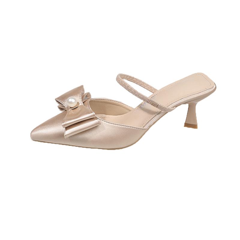 Fashion Pearl Butterfly Knot Head Slippers Summer New Pointed Head Shallow Mouth Line with Anti-slip Wear-resistant Heel Shoes