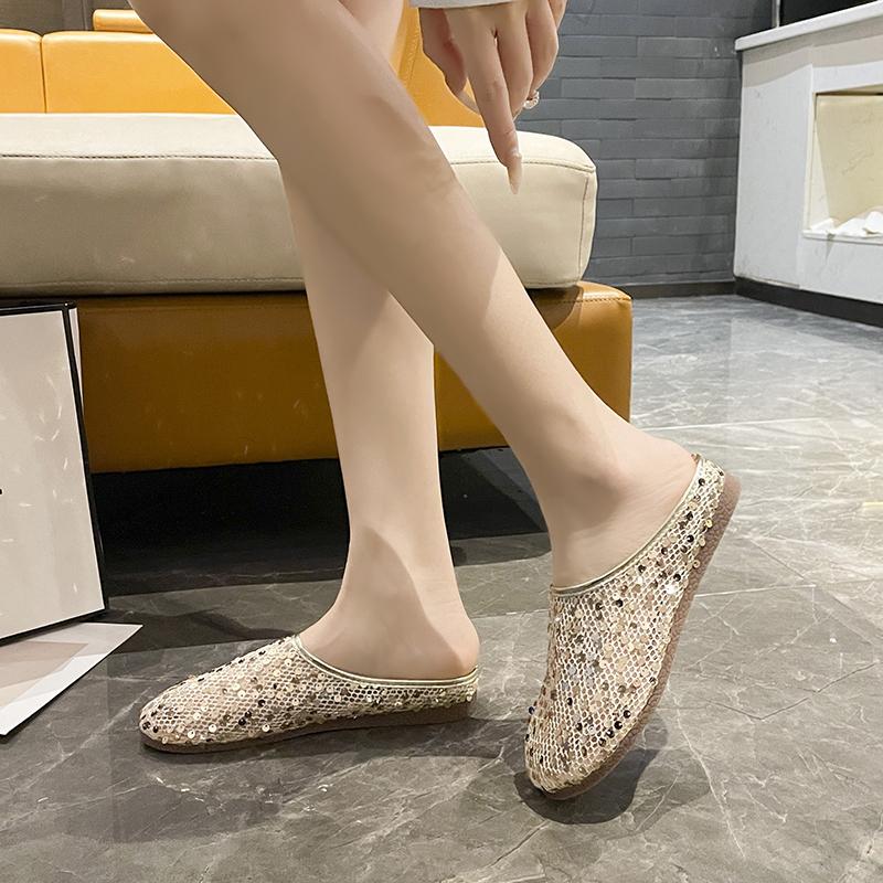 Spring Baotou Slippers for Women Round Head Sequin Cloth Mesh Breathable Soft Sole Anti-slip Wear-resistant Flat Shoes