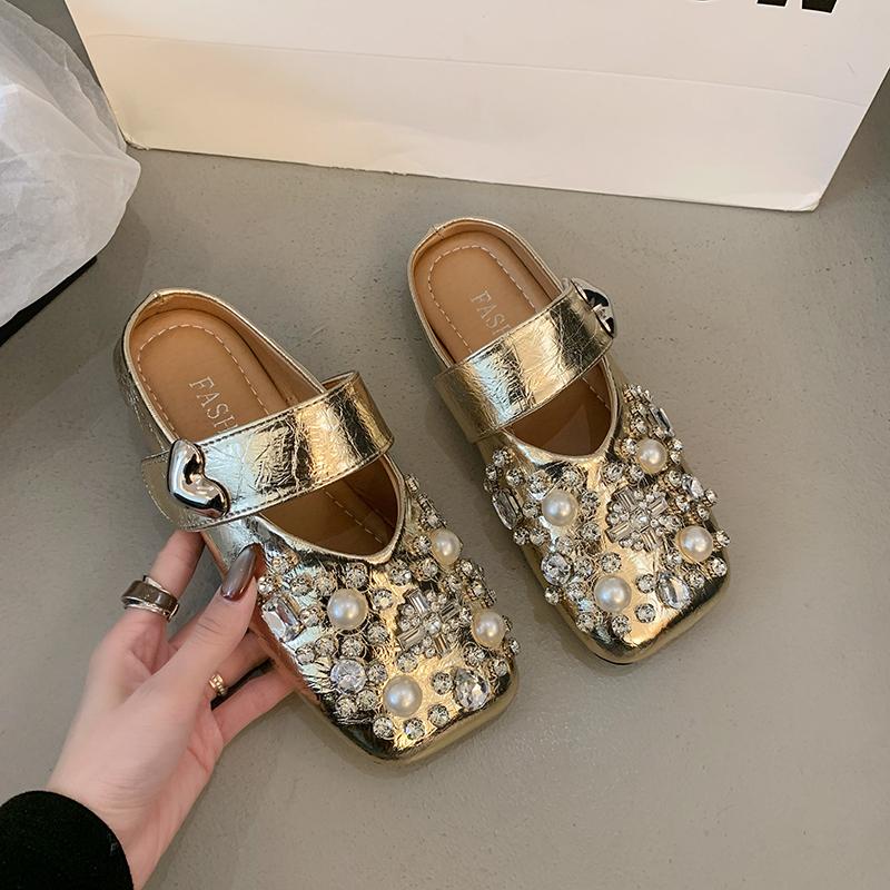 Fashion Women's Baotou Slippers Spring New Square Head Shallow Mouth Metal Word with Soft Sole Anti-slip Wear-resistant Flat Shoes