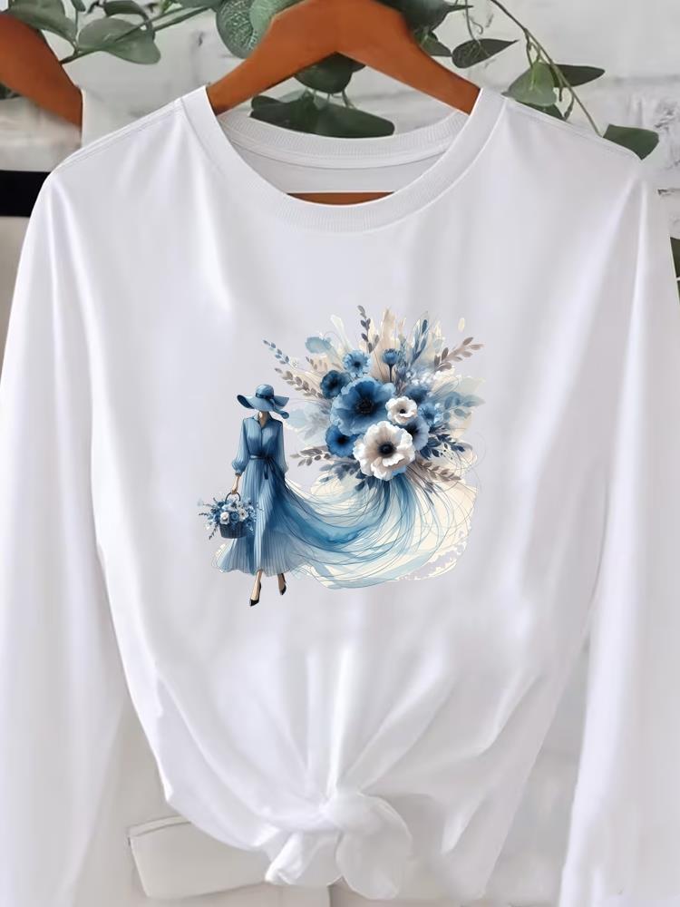 (Asian Size) flower letter cute style Printed o-neck Long Sleeve T Shirt Tee Lady Women Female Clothing Casual Fashion Top Graphic T-shirts