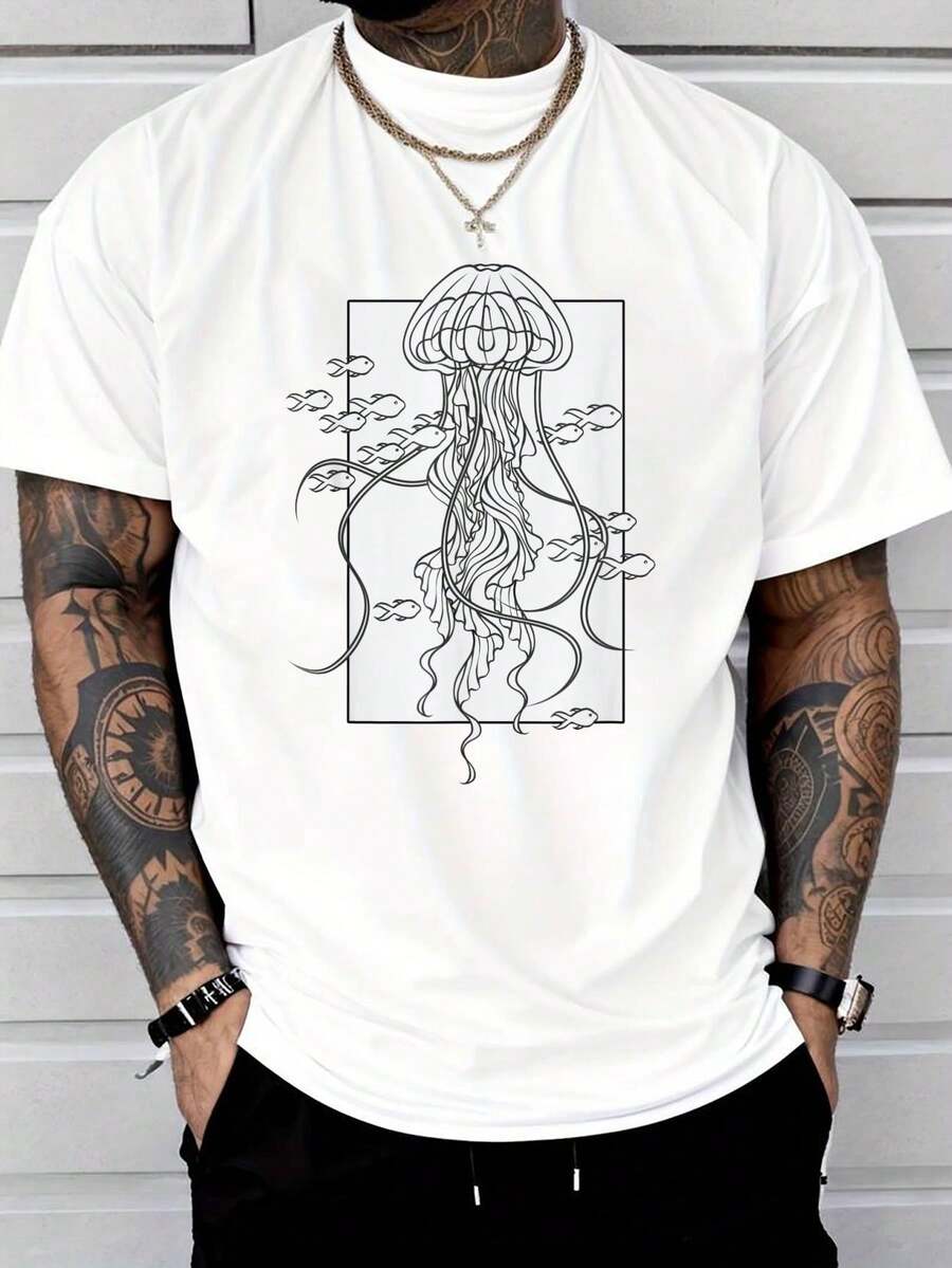 

Graphic Jellyfish With Fishes In Sea T-Shirt Unisex s Fashion T-Shirt S