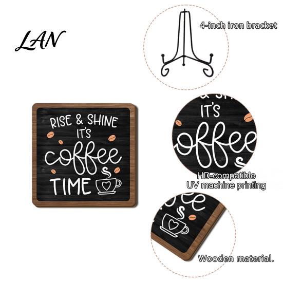 Decorative Wooden Stand Coffee Themed Tabletop Sign, Rustic Kitchen Bar Plaque with Iron Table Display Stand, Farmhouse Home Dining Room Countertop