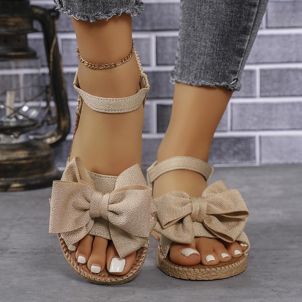 Letní módní ploché sandály s mašlí vpředu pro velké velikosti, pro dámy na nošení venku, na plážovou dovolenou a na běžné nošení