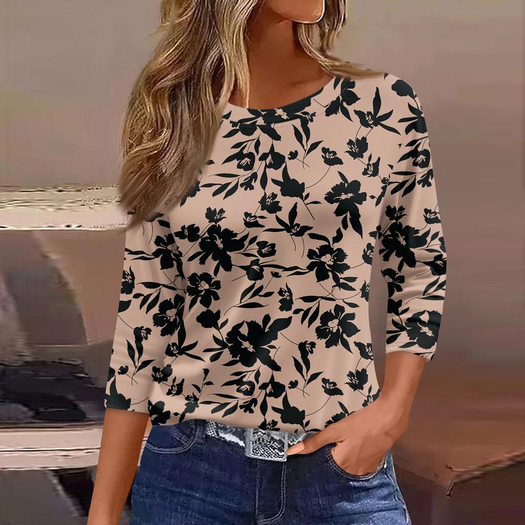 Women's Three-Quarter Sleeve Shirt, Round Neck, Loose Fit, Casual Shirt, Floral Print T-Shirt, Summer