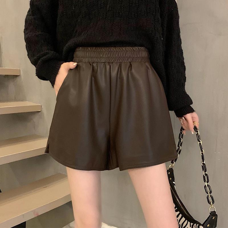 

Жіночі шорти великого розміру, вільні широкі штани, тонкі модні шкіряні штани з високою талією 5XL кавовий