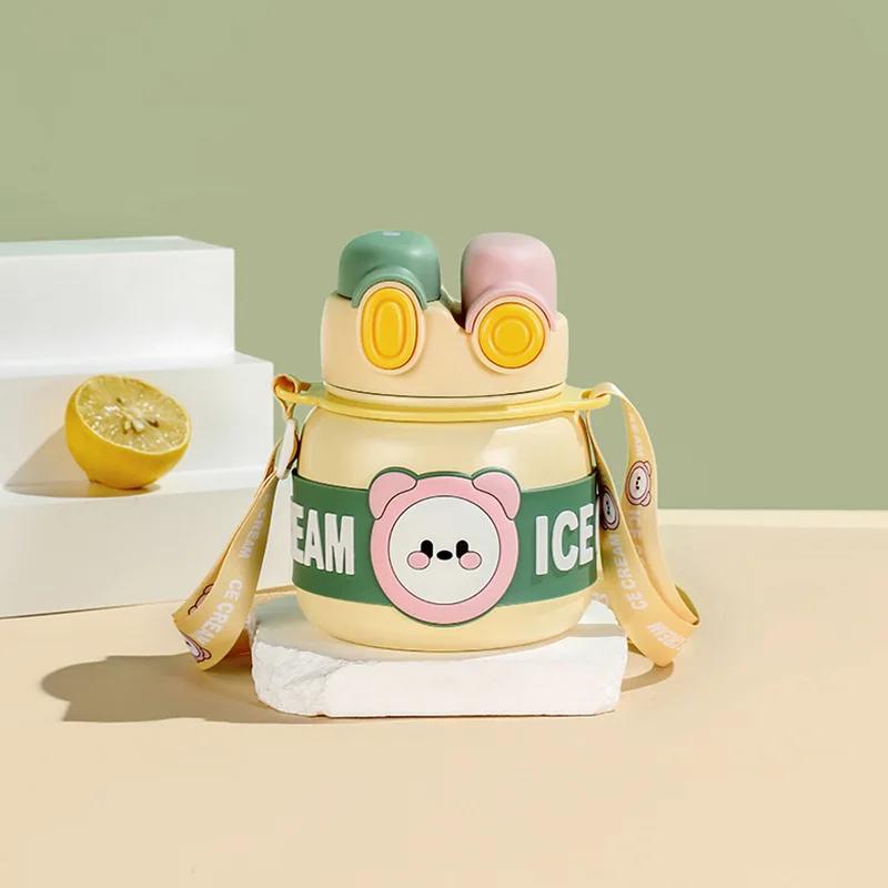 850ml Stainless Steel Children's Insulated Cup Portable Thermos Water Bottles with Strap and Straw Cute Cartoon Big Belly Cups