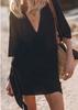 Neues Frühling Sommer Damen Mittellanges Baumwoll-Leinenkleid, Kreuz-V-Ausschnitt Unifarben Kurzarm Europäisches Amerikanisches Lässiges Outfit