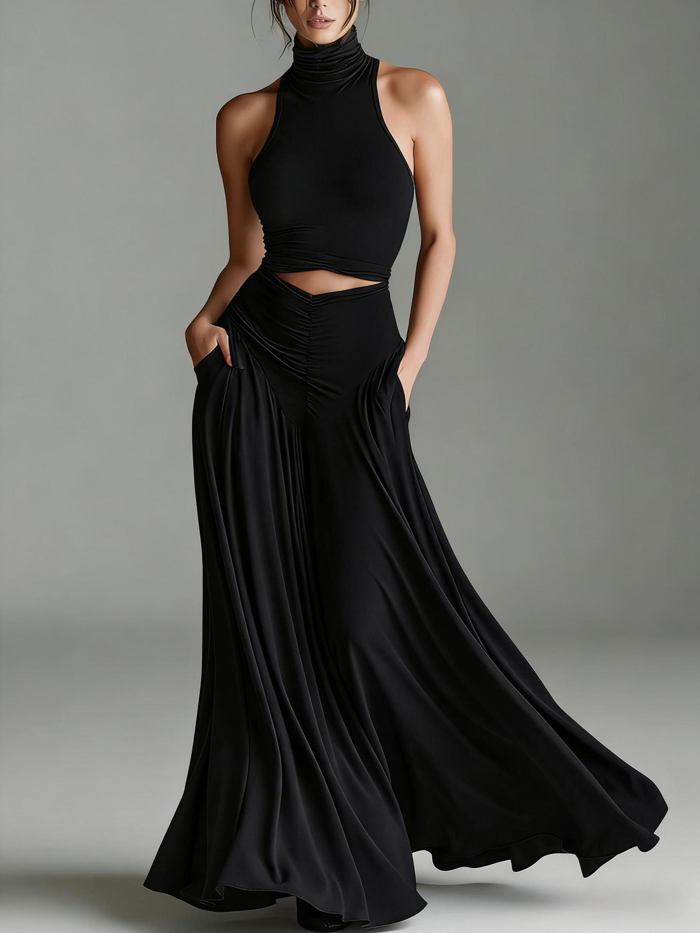 

Women Sleeveless High Neck Crop Top Maxi Skirt Set Solid Color Elegant Casual Two Piece Outfit XXL чорний
