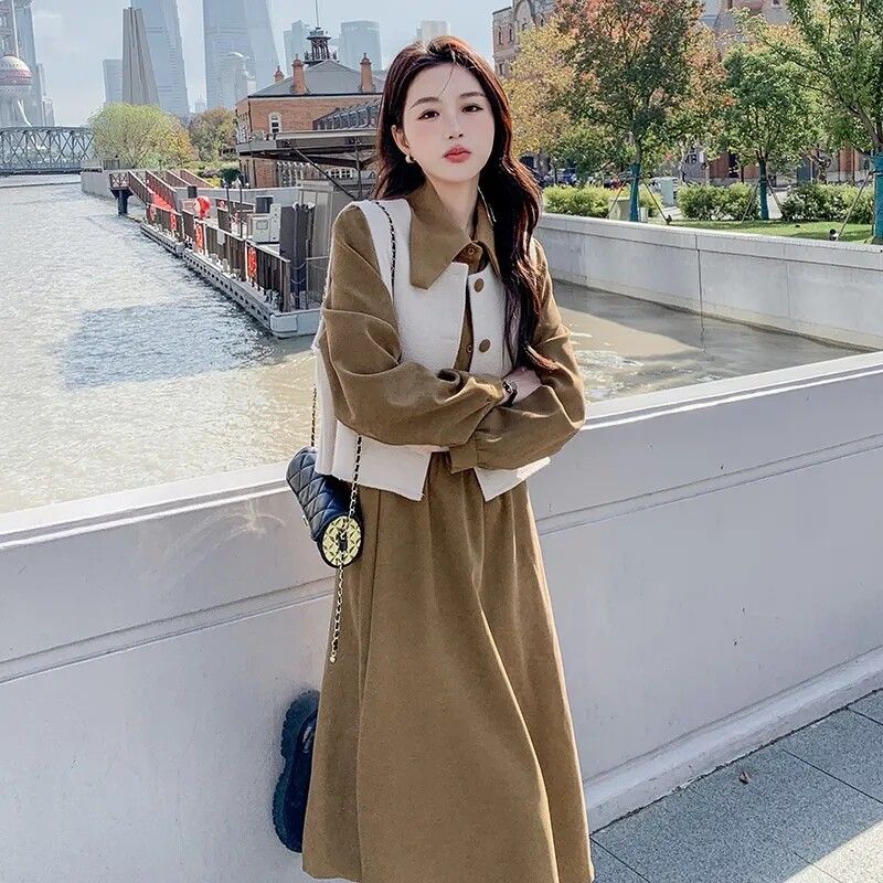 French-Style Long-Sleeve Shirt Dress with Vest Two-Piece Set, Plus-Size for Curvy Women, Tummy-Concealing, Slimming, Age-Reducing Long Dress Set