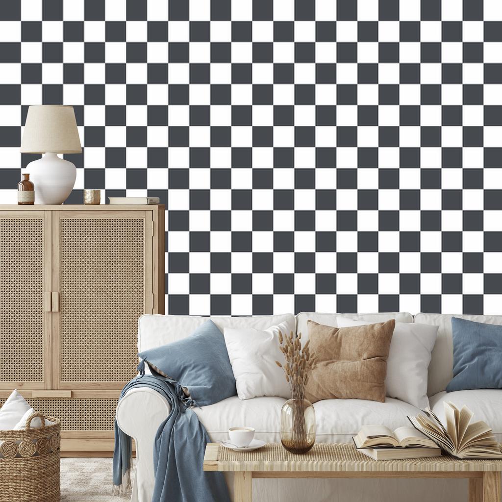 Checkerboard Wallpaper White and Navy Blue for Living Room and Bedroom 50x1000