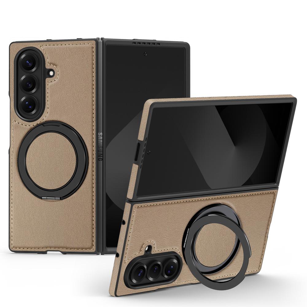 KEYSION 360° Rotating Magnetic Ring Stand PU Leather Case for MagSafe for Samsung Z Fold 7 5G Wireless Charging Phone Back Cover