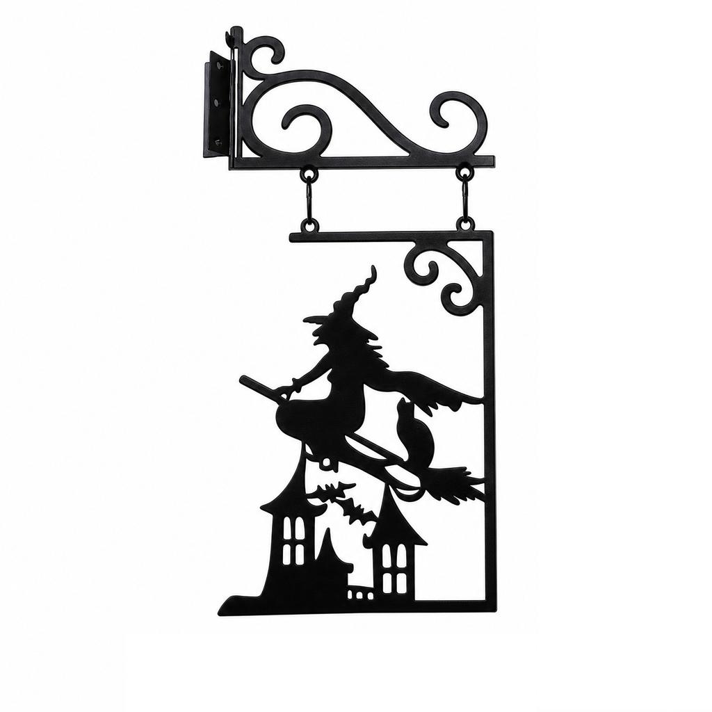 Metal Witch Wall Hanging Silhouette Decorative Sign with Bracket for Outdoor Indoor Use Halloween Themed Home Garden Ornament