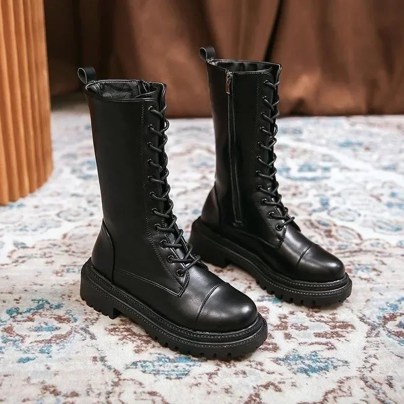 

Women s Mid-calf Boots High Quality Leather Casual Boot Fashion Motorcycle Knight Boots for Women Lace Up Flat Boots Botas Mujer 35 чёрный